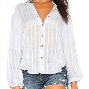 Free People Blue White Stripe Headed to the Highlands Button Up Top Size Medium